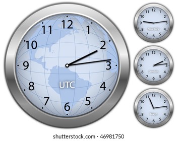 Business illustration with clock's showing time in New York, London and Tokyo