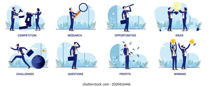 Business illustration collection - Set of businesspeople in different situations. Competition, research, challenges, winning and more. Flat design vector