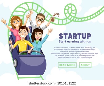 Business illustration with the company of happy people coming down from the roller coaster. Vector illustration for a website. The original banner for the startup.