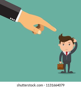 Business illustration concept of an businessman being pointed by a giant hand.