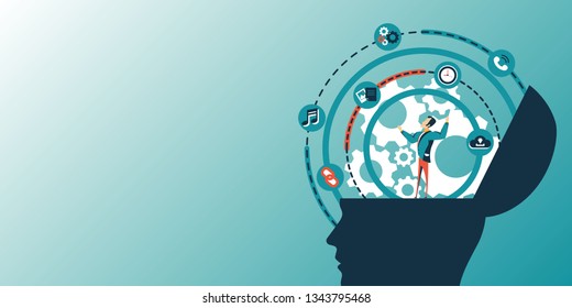 Business illustration concept of businessman looking at the rotating business icons. business concept illustration
