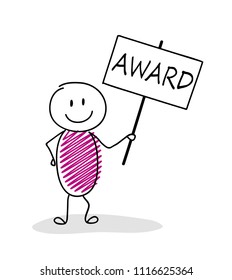 Business illustration concept with cartoon stickman holding board with text: award. Vector.