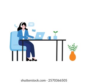 Business illustration concept. Customer service is doing work calling, replying messages, and emails. Vector Illustration