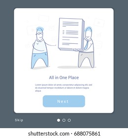 Business illustration concept of data and documents processing, access, transmission or data availability in one place. Cartoon people receive and transfer documents. Flat line vector design concept.