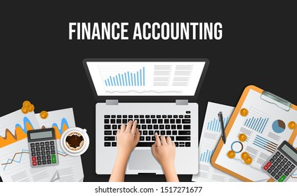 Business illustration concept for finance accounting, management, audit, research, working at the office. Web banner top view hand typing on laptop at desk