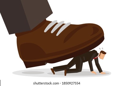 Business illustration concept of giant foot trampling a businessman. Flat vector illustration