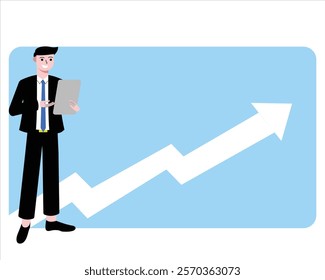 Business illustration concept. Business man is looking at report with increasing and profitable analysis for company. Vector Illustration