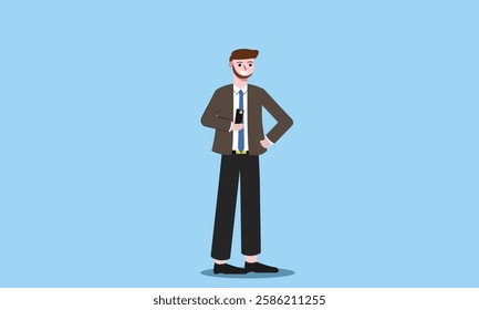 Business illustration concept. A business man standing while holding a cellphone. Vector Illustration	