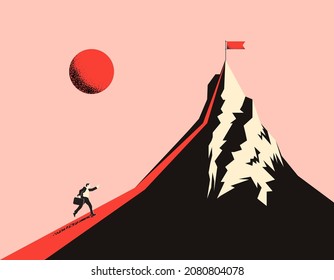 Business Illustration Concept Of Success With Businessman Silhouette  Running To The Mountain Peak As Success Metaphor. Minimalistic Vector Illustration