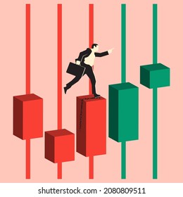 Business illustration concept of trading market with businessman or trader running and jumping on japanese candlestick pattern. Vector illustration