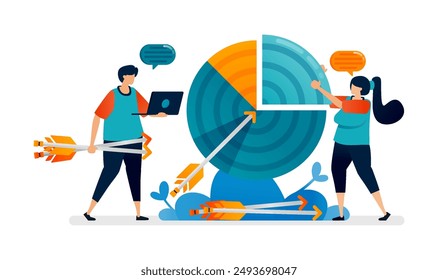 Business illustration of dartboard shaped pie chart with arrows for targets and goals. Can be used for seamless office template, homepage, landing page, proster ads