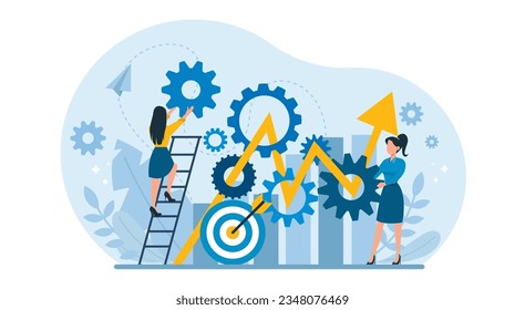 Business illustration design concept. Vector of businesswomen building a successful growth strategy, workflow plan 