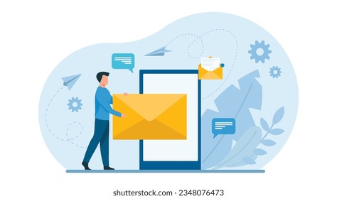 Design-Konzept für Business Illustrationen. Vektorgrafik eines Geschäftsmanns, der eine E-Mail sendet