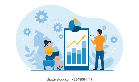 Business illustration design concept. Vector of business marketing team planning, analyzing financial reports and data to increase revenues 
