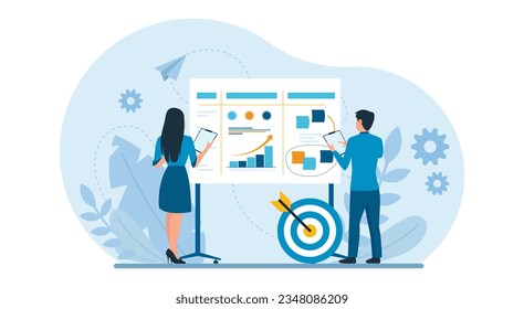 Business illustration design concept. Vector of business marketing team planning, analyzing financial reports and data to increase revenues 