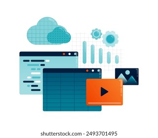 Business illustration of digitizing spreadsheet reports with action programs, multimedia and cloud. Can be used for poster, template, banner, cover, flyer, brochure