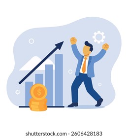 Business illustration: an entrepreneur celebrates financial success in front of a rising graph, gold coins, and an upward arrow.Minimalist style, vibrant colors. Ideal for financial articles marketing