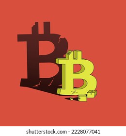 Business illustration of falling bitcoin exchange rate. Broken bitcoin logo, broken sign and cracks. Minimalist style, artistic outline drawing. Banner, poster, cover, blog post.