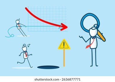 Business Illustration Featuring Stick Figure Characters Engaging in Risk Analysis with Magnifying Glass and Caution Sign Elements