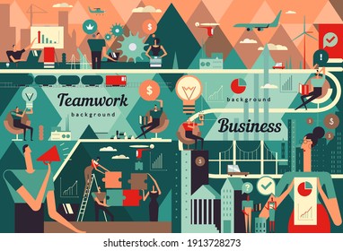Ilustración empresarial.  Ilustraciones vectoriales planas. Procesos institucionales, trabajo en equipo, trabajo de oficina. Gran panorámica con paisajes urbanos y gente de negocios.