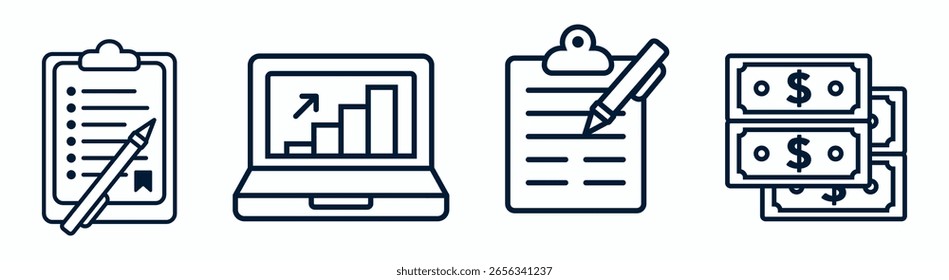 Business Illustration-Symbolsatz mit Zwischenablage, Laptop mit Grafiken, Dokumenten und Währungsillustrationen für die Finanzplanung