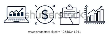 Business Illustration Icon Set Featuring Laptop Graph, Dollar Sign, Clipboard Report, and Growing Bar Graph Symbols