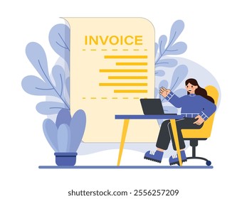 
Business Illustration, Invoice Paper on Desk with Office Supplies, Flat Vector Illustration.
