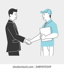 Business illustration line drawing simple happy corporate handshake greeting people company working job suit gentlemen