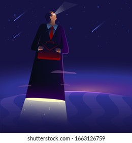 Business illustration man flies into space shining his eyes with a briefcase on a background of the earth. Achieving goals and growing up