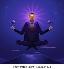 A business illustration man levitates over a mountain in a state of deep knowledge and in harmony with the outside world. Mastering management technologies.