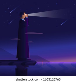 Business Illustration Man Lighthouse Shines In The Dark Ahead Far Ahead Illuminating The Path. Clear Vision Of Goals And Perspectives.