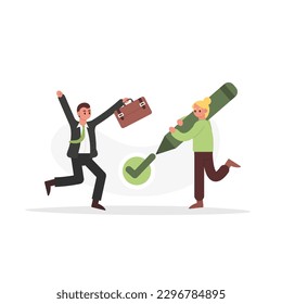 Business illustration of man successfully completed task at work. Concept of business worker in office clothes holding briefcase and rejoice in achieving goal. Vector illustration in flat design
