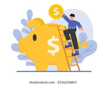 Business Illustration, Massive Piggy Bank with Coins and Ladder, Flat Vector Illustration.