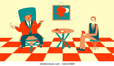 Business illustration of meeting the boss-pig and employee