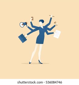 Business illustration of multitasking business woman character in business dress with working devices.