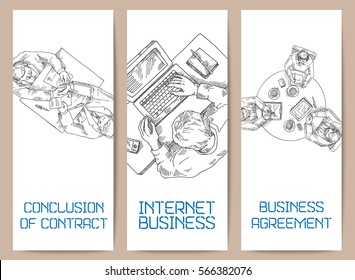 Business Illustration Office Worker, Work On The Computer, Using The Phone, Working Paper, Sketch Of Engineer Working On Lap Top, Hand Drawn Vector Illustration