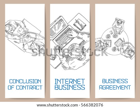 Business illustration office worker, work on the computer, using the phone, working paper, Sketch of engineer working on lap top, Hand drawn vector illustration