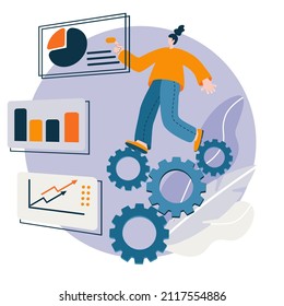 Business illustration, office workers study infographics, analyze evolutionary scale, business negotiations. Vector illustration in flat style