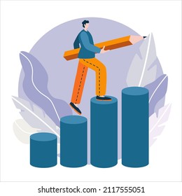 Ilustración empresarial, trabajadores de oficina estudian infografías, analizan escala evolutiva, negociaciones empresariales. Ilustración vectorial en estilo plano