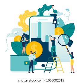 business illustration on white background. business porters - a successful team.Online payment or mining process,  web banners. online payment.payment by card, check issued from gadget vector