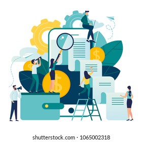  business illustration on white background. business porters - a successful team.Online payment or mining process,  web banners. online payment.payment by card, check issued from gadget vector