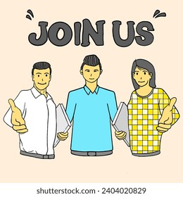 business illustration opening job vacancies inviting people to apply for work, flat design style