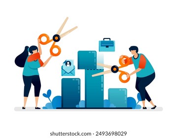 Business illustration of people cutting barchart with scissors metaphor of lower expectations target. Can be used for web, websites, landing pages, apps, posters, flyers