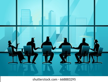 Business illustration of business people having a meeting in executive conference room with cityscape as the background