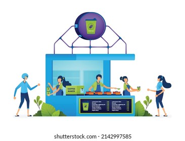 Business illustration of People line up and shop at young entrepreneurs SME boot that sells coffee and tapioca drinks. Landing page, web, website, banner, ads, card, apps, brochure, flyer