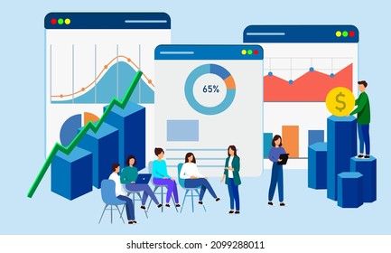 Business illustration with people listening to the teacher, business illustration, people, diagrams about donations, money