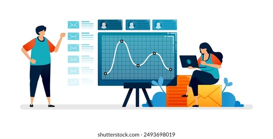 Ilustración comercial de la revisión de las fluctuaciones del gráfico de líneas de la junta de informes de la empresa y Archivar de correo electrónico. Se puede utilizar para la Plantilla de oficina sin fisuras, página de inicio, página de destino, anuncios de promoción