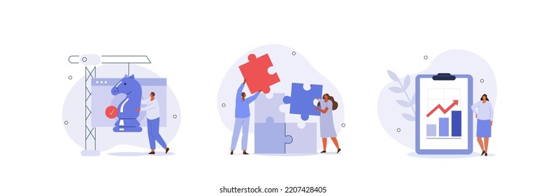 Business illustration set. Characters assembling jigsaw puzzle, moving chess figure, planning financial strategy to achieve business goals. Strategic management concept. Vector illustration.