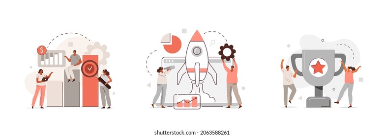 Business illustration set. Creative characters standing near gold cup and celebrating business success, financial growth and startup goals. Business activities concept. Vector illustration.