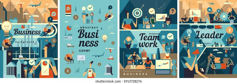 Business illustration. Set of flat vector illustrations. Business processes, teamwork, office work. Large panorama with cityscapes and business people.